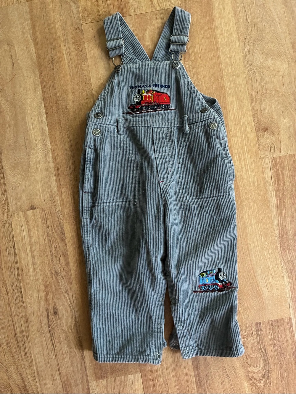 Vintage Gray Corduroy Kids Overalls with Thomas and Friends Embroidery